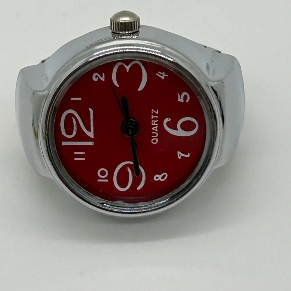 Silver-Tone Stretch Band Ring Quartz Watch With Red Face Adjustable Fit Works - Picture 7 of 10
